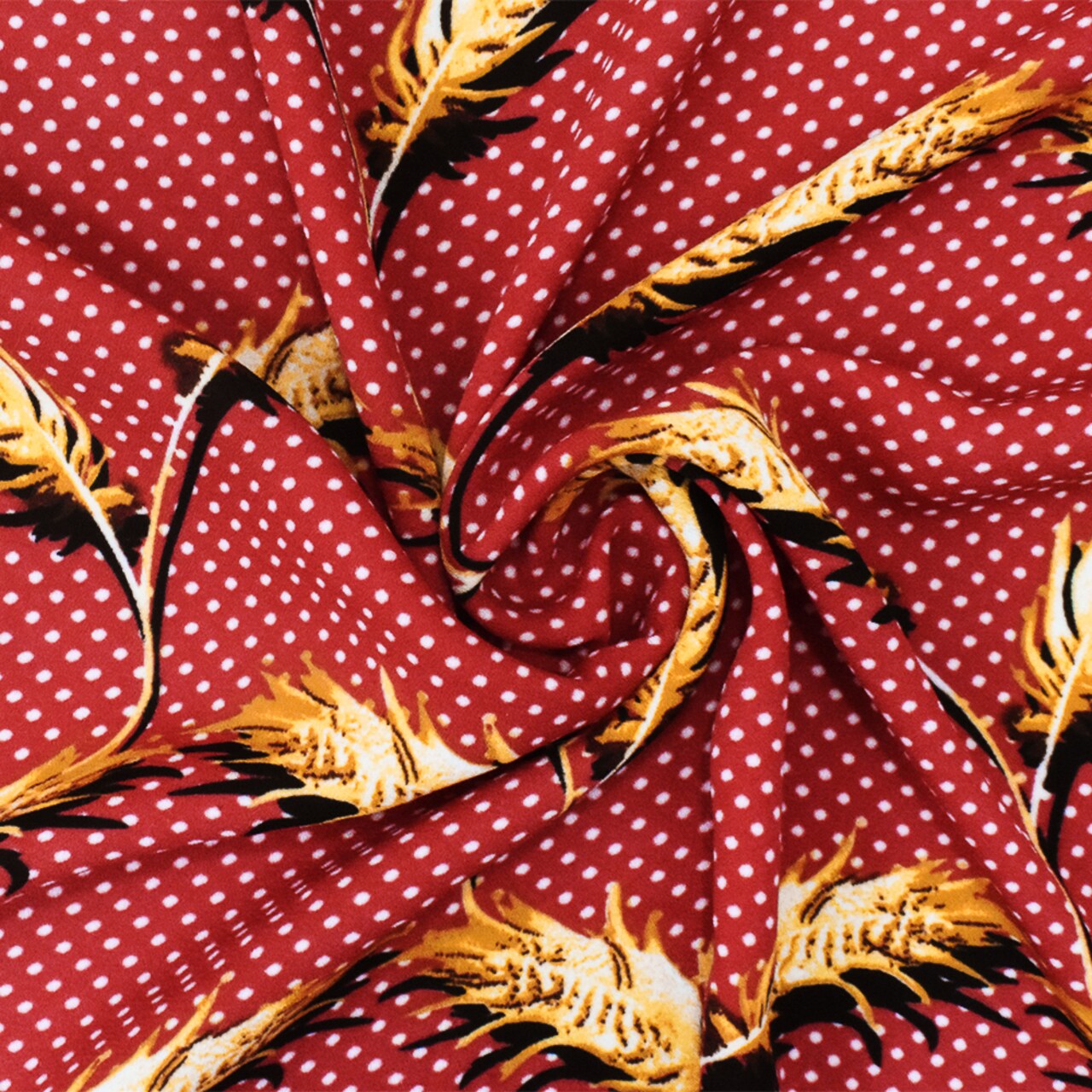 Red-Yellow-Multi Feather And Dot Printed Poly Georgette Woven Fabric By the Yard